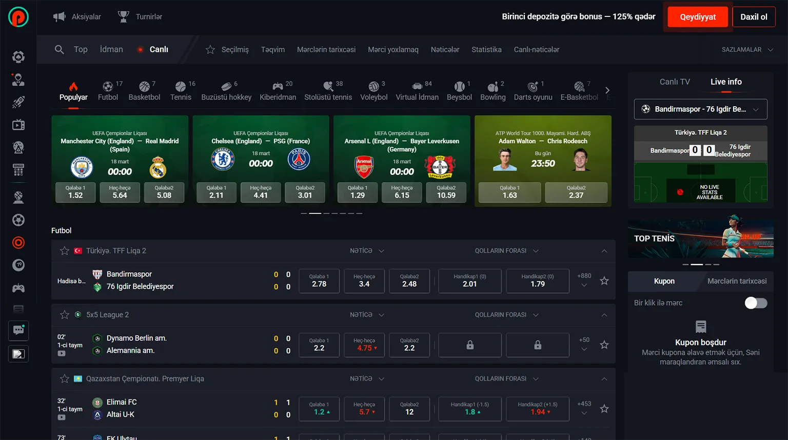 Live betting page